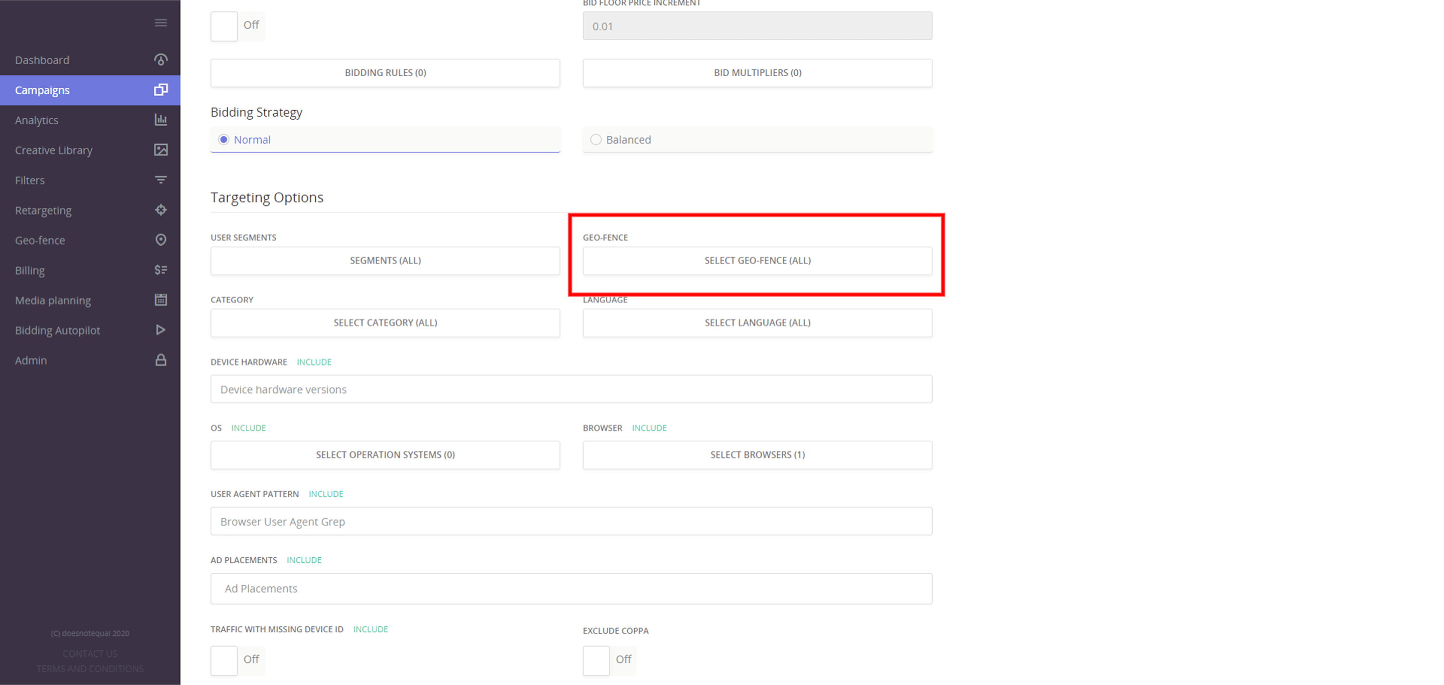 Campaigns Tab in Epom WL DSP