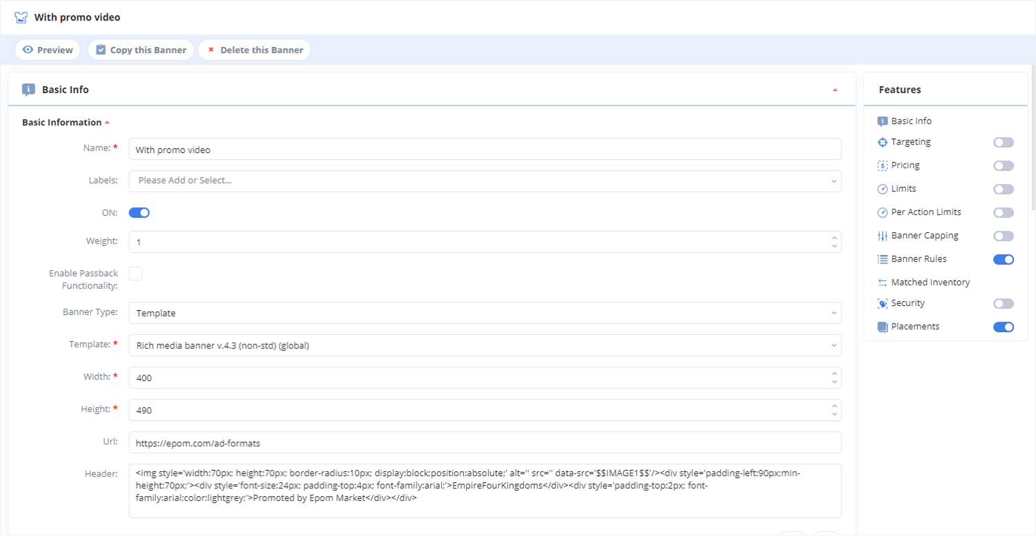 Setting CTV Ad Placement in Epom Ad Server