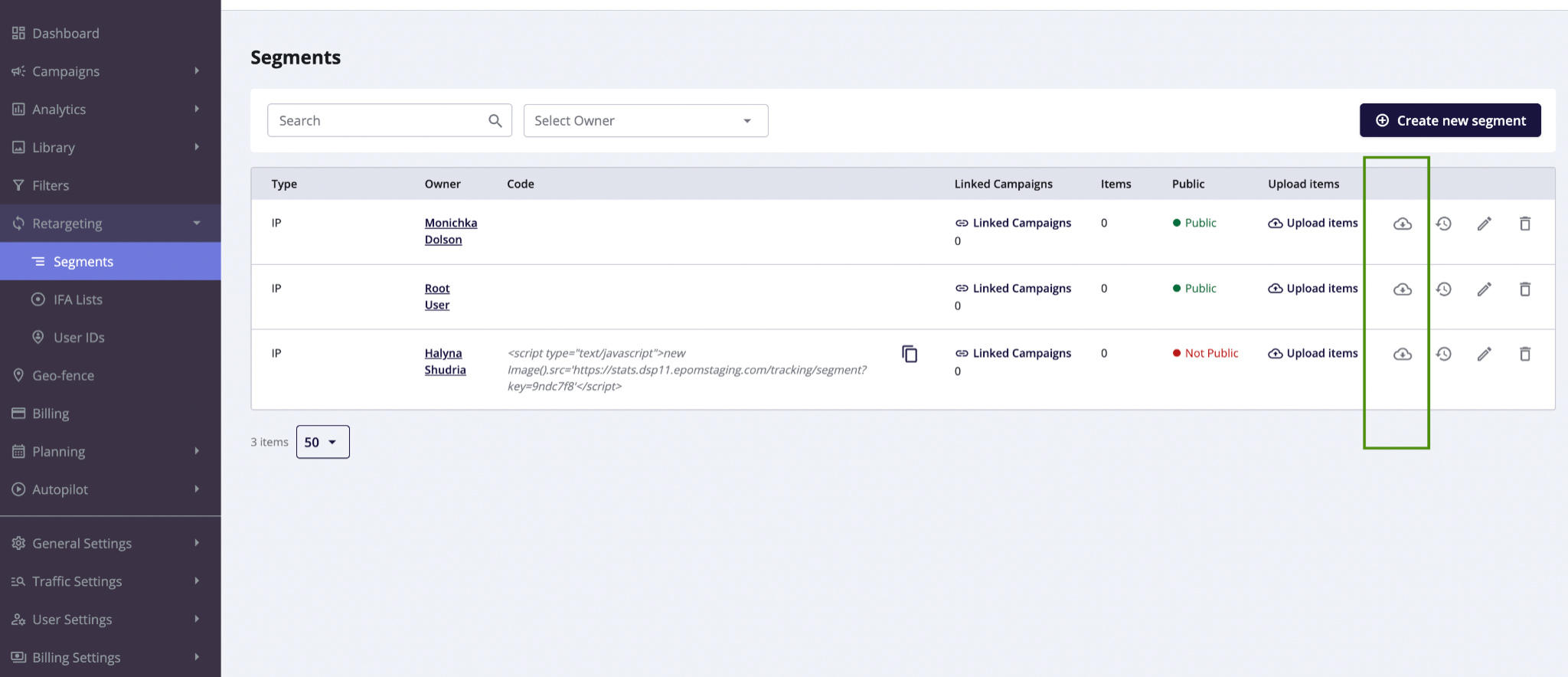 segment download permissions in Epom DSP 6.9.5