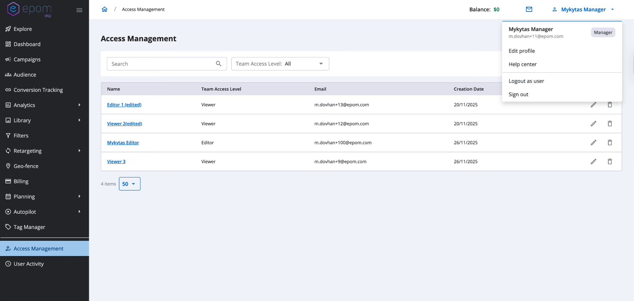 Access management in Epom ad platform