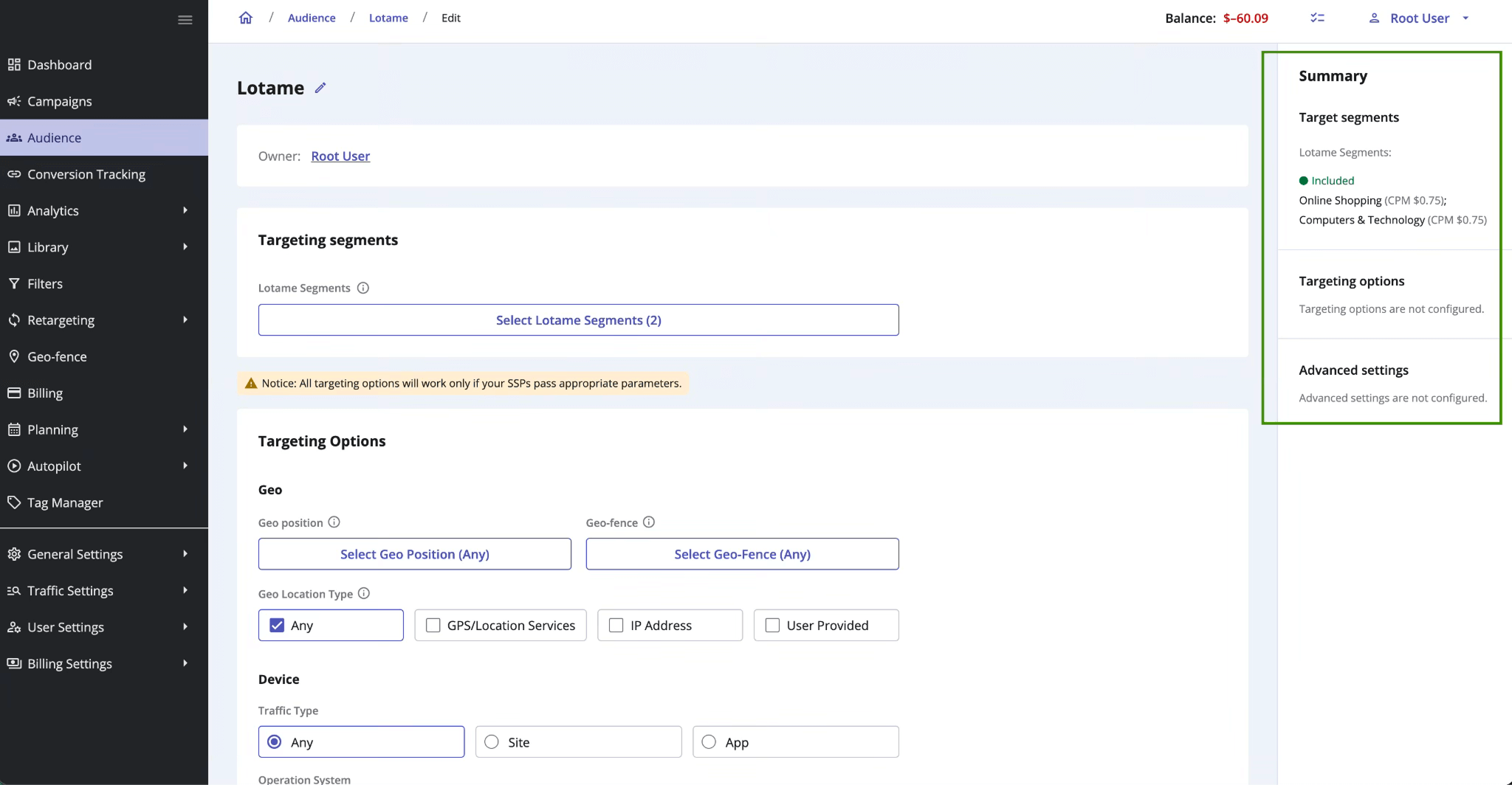 Audience summary block in Epom ad platform