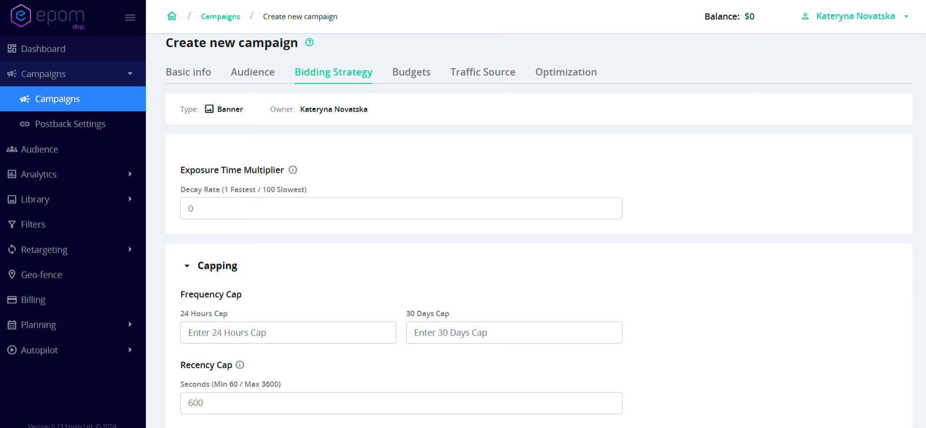 Epom DSP 7.2: bidding strategy tab