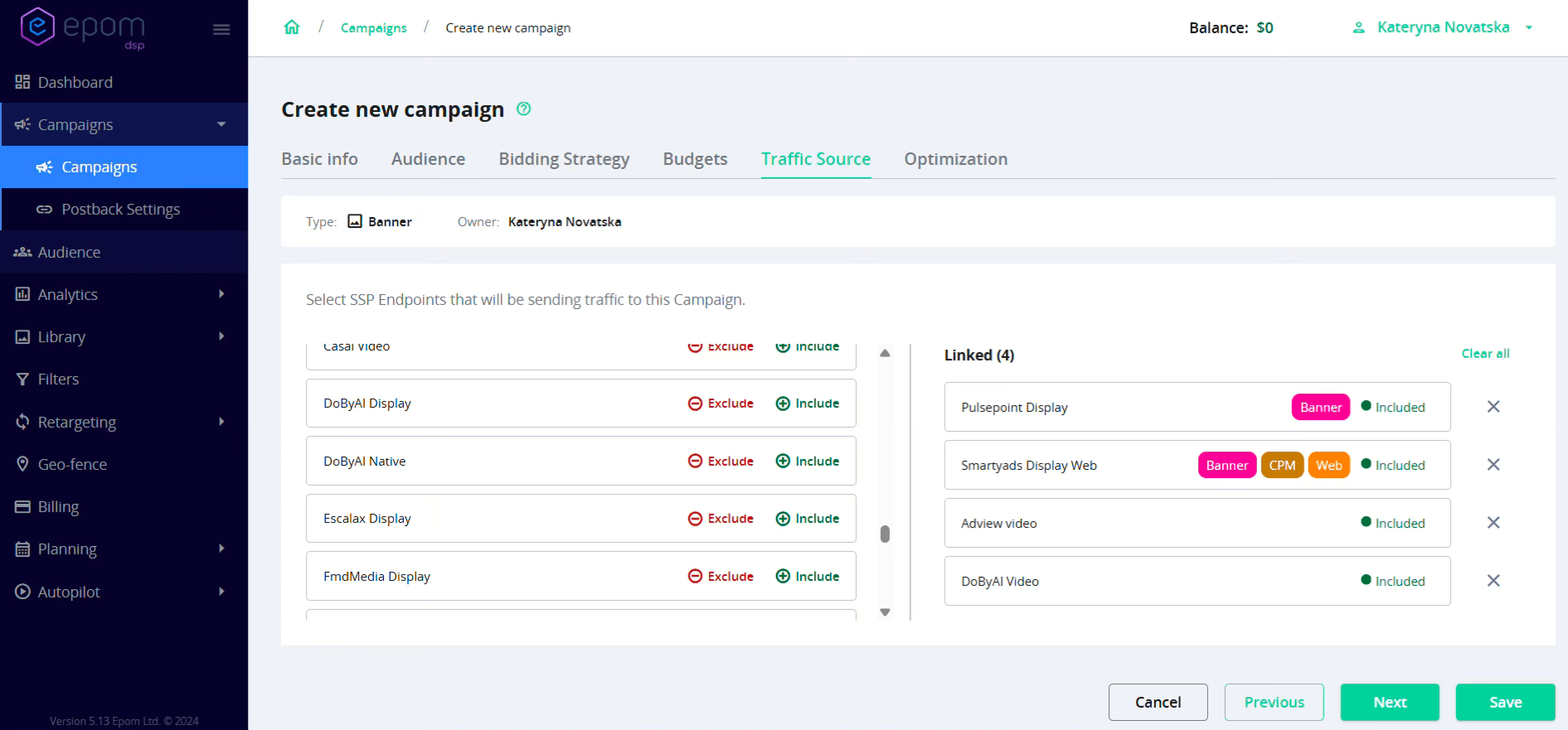 Epom DSP 7.2: traffic sources tab