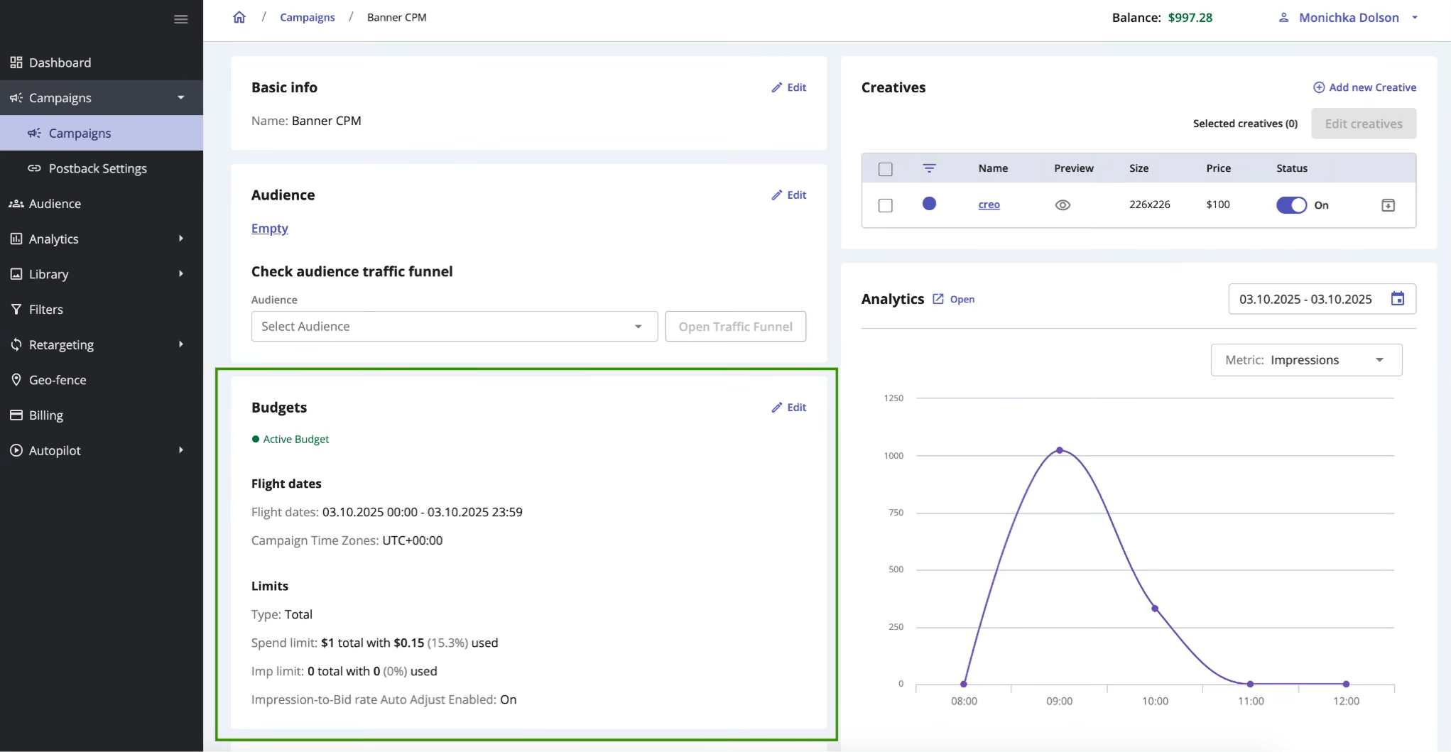 Epom DSP 7.2: Budgets appear in the campaign preview.