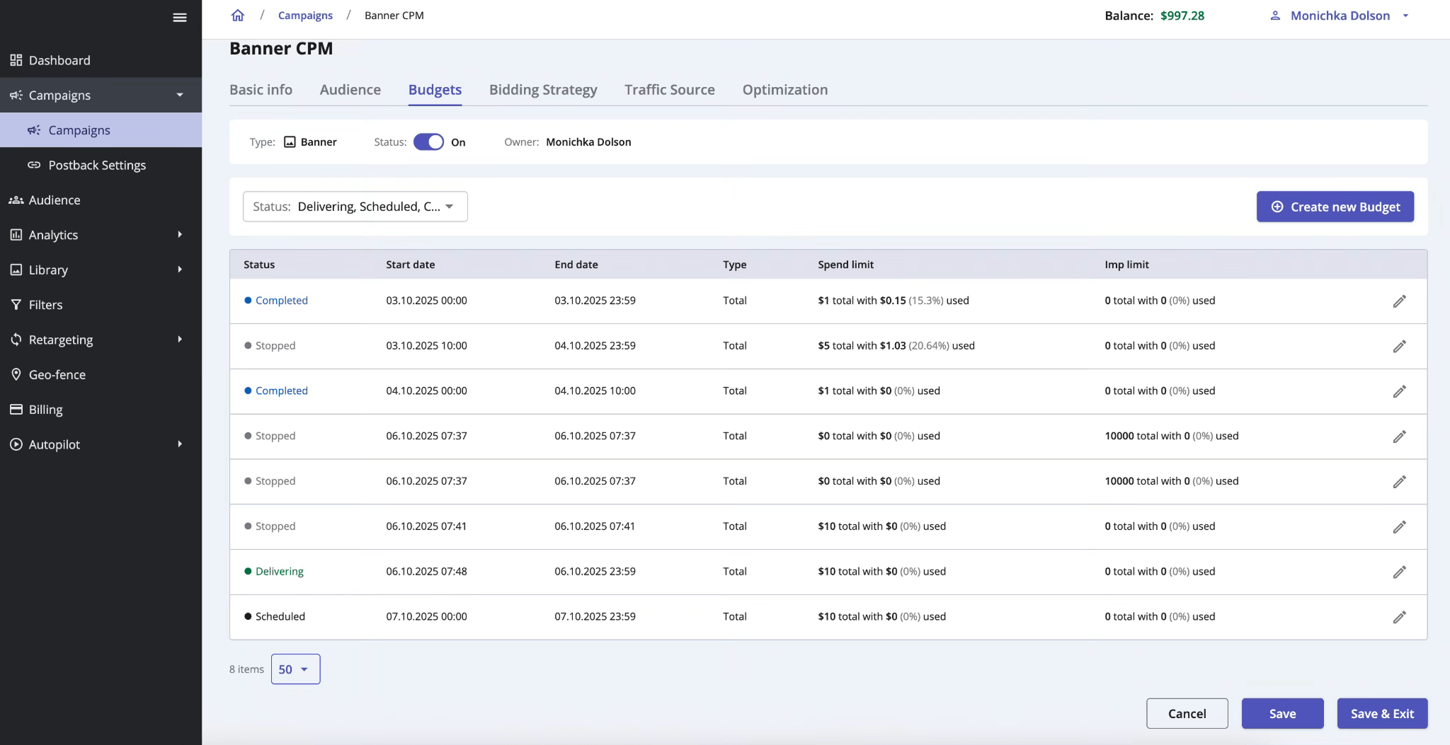 Epom DSP 7.2: Budget statuses
