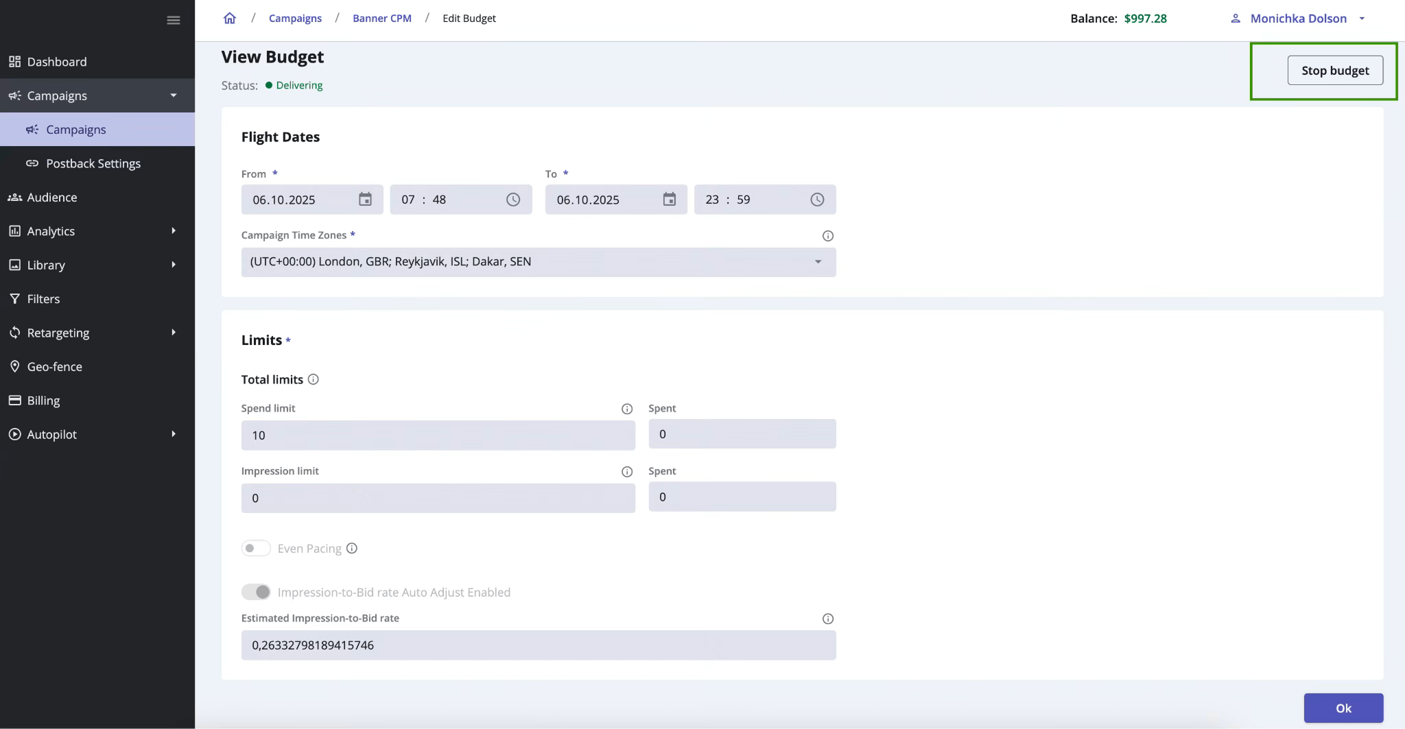 Epom DSP 7.2: stopping a budget